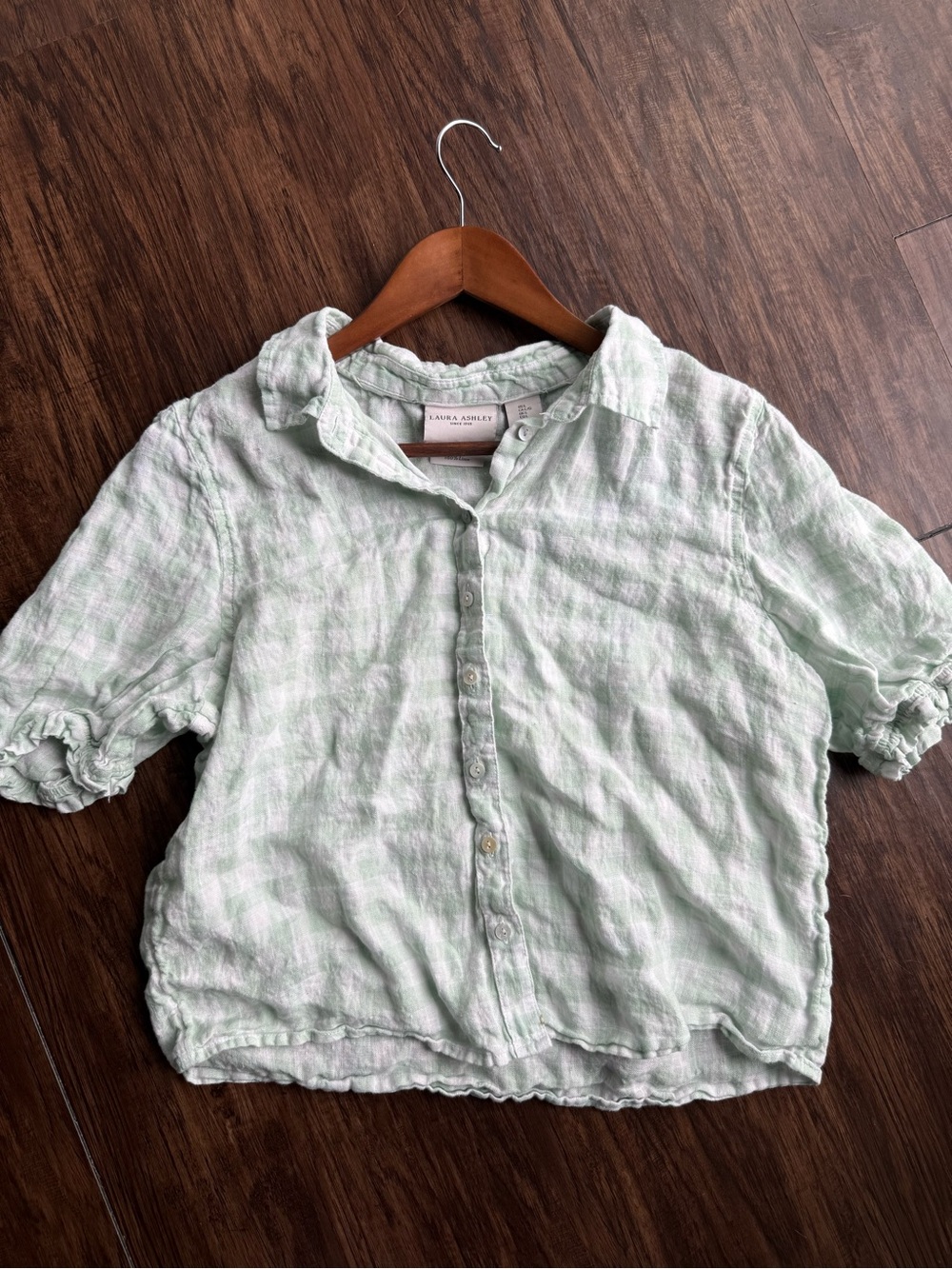 Laura Ashley Light Green Linen gingham Button-Front Top